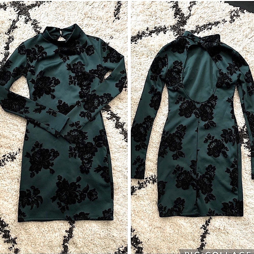 See You Monday Green Velvet Floral Turtleneck Long Sleeve Bodycon Dress XS NWOT